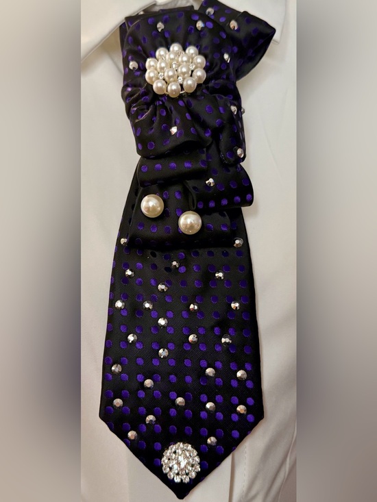 Jewelry - Black Satin Polka Dot Brooch Tie Necklace with Pearl Accents
